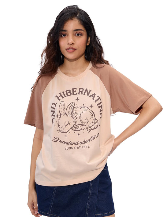The Souled Store DND Cotton Women & Girls Short Sleeve Round Neck Graphic Printed Relaxed Fit T-Shirts Brown