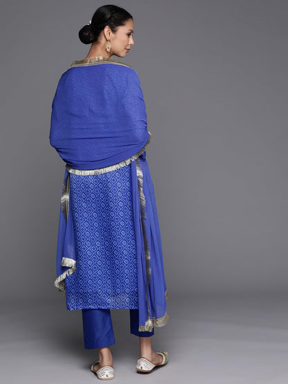 Varanga Blue Bandhani Printed, Gota Pati Embroidered Yoke Straight Kurta Paired With Tonal Bottom And Dupatta