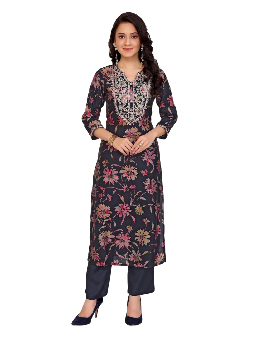 rangita Viscose Embroidered Straight Calf Length Kurta with Pant | Kurta Set for Women