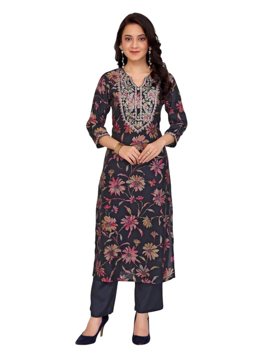 rangita Viscose Embroidered Straight Calf Length Kurta with Pant | Kurta Set for Women