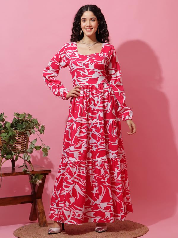 Sheetal Associates WomenS Pink & White Floral Printed Flared Fit & Flare Maxi Dress| Comfortable Relaxed Fit Summer Dress