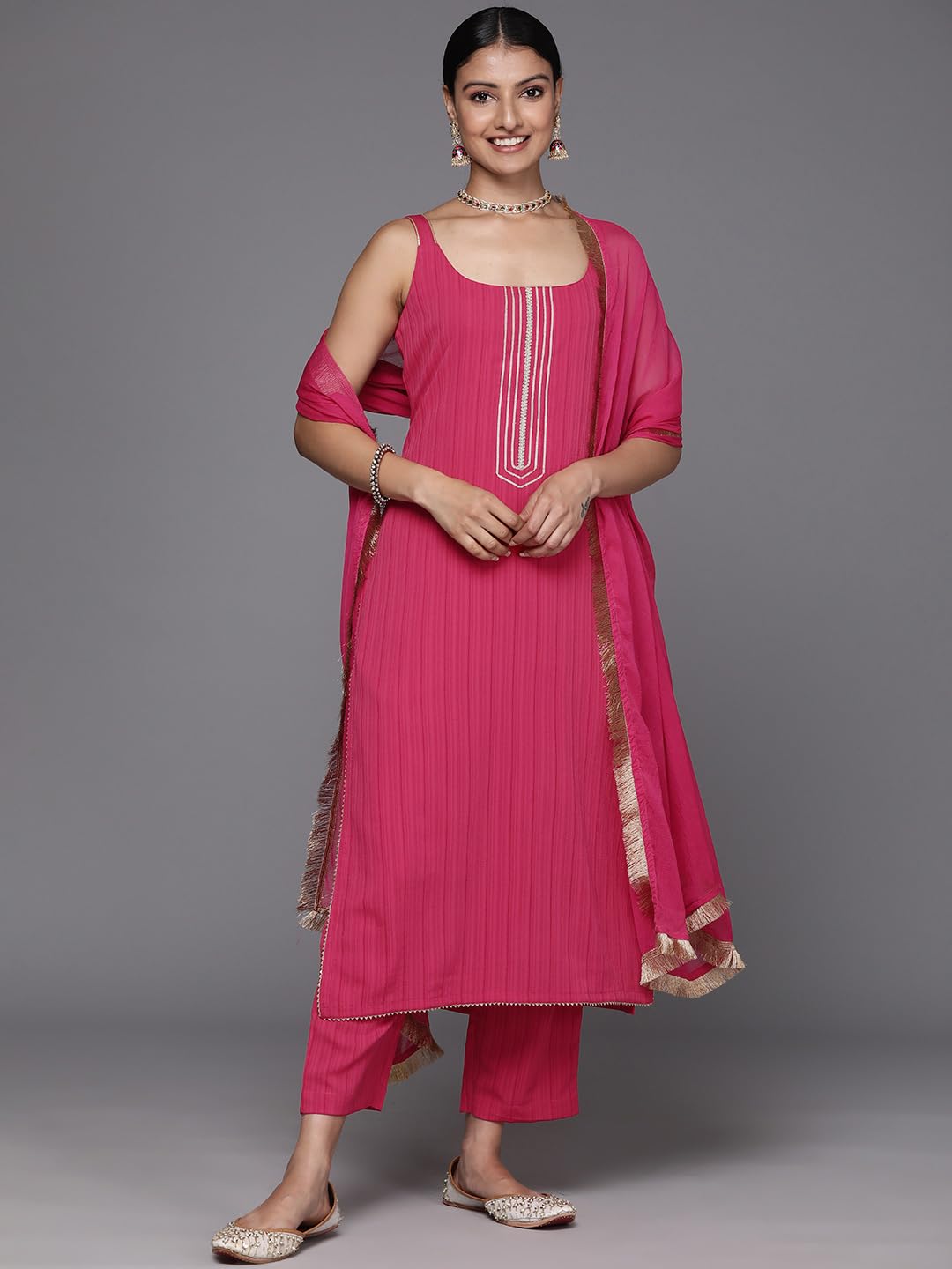 Varanga Women Pink Round Neck, Spaghetti Strap Style Straight Kurta Paired With Tonal Bottom And Dupatta  Stylish & Comfortable