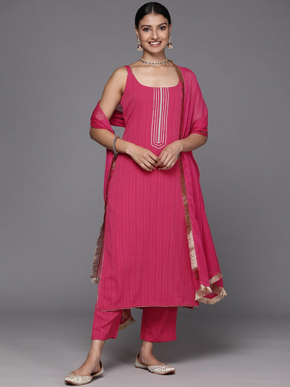Varanga Women Pink Round Neck, Spaghetti Strap Style Straight Kurta Paired With Tonal Bottom And Dupatta  Stylish & Comfortable