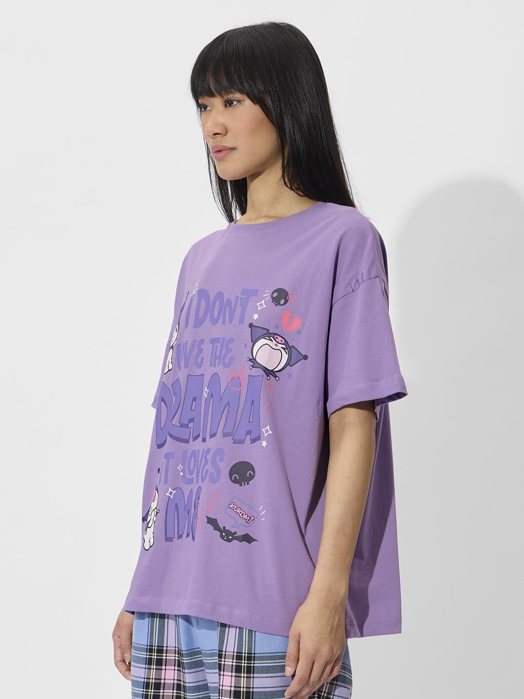The Souled Store Official Hello Kitty: Drama Queen Women and Girls Short Sleeve Round Neck Printed Cotton Oversized T-Shirts Pur