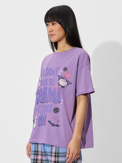 The Souled Store Official Hello Kitty: Drama Queen Women and Girls Short Sleeve Round Neck Printed Cotton Oversized T-Shirts Pur