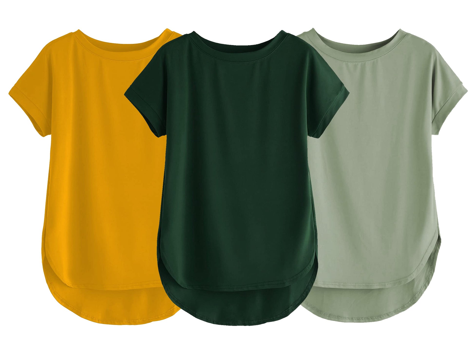 Fabricorn Combo Of Three Plain Bottle Green, Mustard Yellow And Sage Green Round Neck Up And Down Cotton Tshirt For Women (Bottl