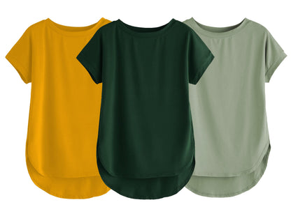 Fabricorn Combo Of Three Plain Bottle Green, Mustard Yellow And Sage Green Round Neck Up And Down Cotton Tshirt For Women (Bottl