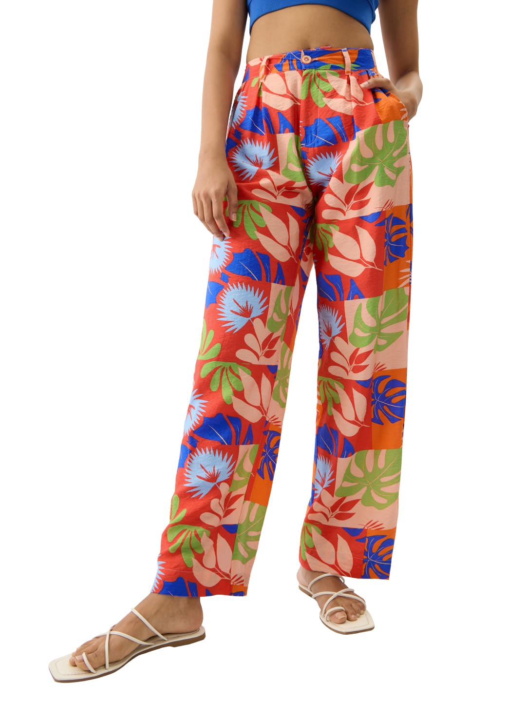 The Souled Store Leafy Charm Women and Girls Multicolor All Over Printed Viscose Straight Fit Pants Loose Fit Wide Pants for Eve
