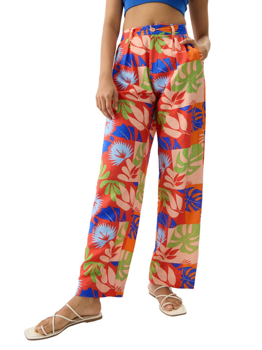 The Souled Store Leafy Charm Women and Girls Multicolor All Over Printed Viscose Straight Fit Pants Loose Fit Wide Pants for Eve