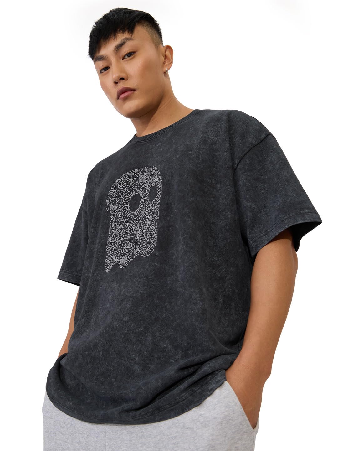 The Souled Store Flora (Acid Wash) Oversized T-Shirt for Men Boys Cotton Casual Half Sleeves Baggy Loose Fit Drop Shoulder Round