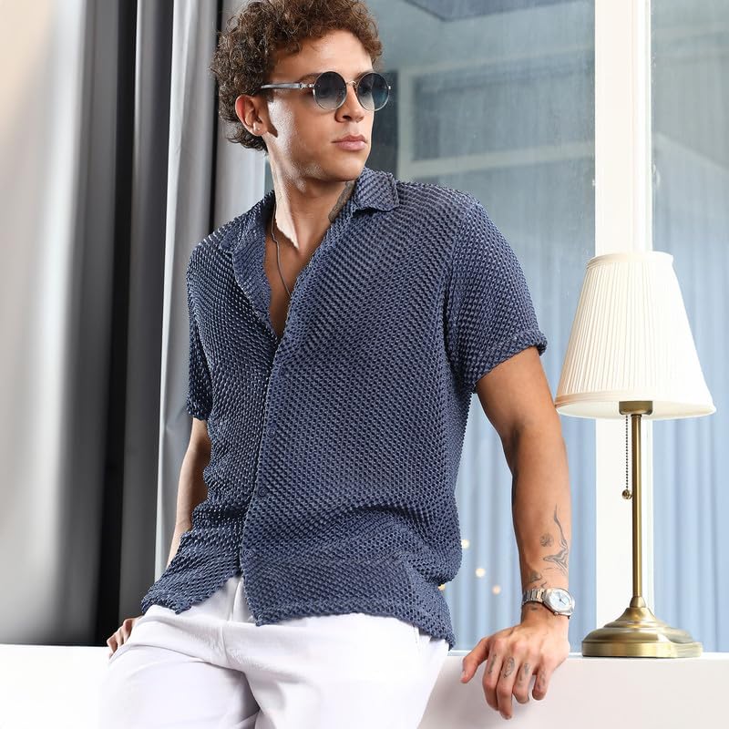 Campus Sutra Mens Lapis Blue Puffy-Textured Shirt | Casual Wear | Cuban Collar | Short Sleeve | Button Closure | Shirt Crafted