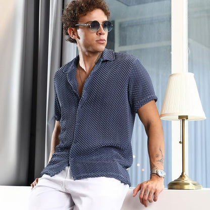 Campus Sutra Mens Lapis Blue Puffy-Textured Shirt | Casual Wear | Cuban Collar | Short Sleeve | Button Closure | Shirt Crafted