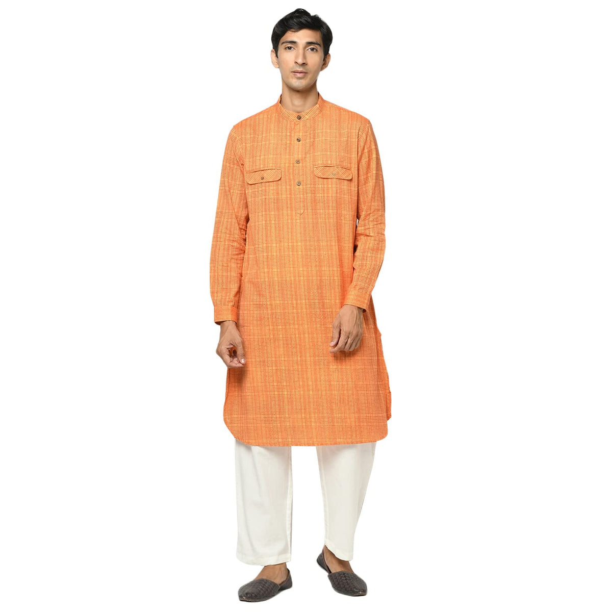 Fabindia Men Striped Cuff Slim Fit Long Kurta Cotton_M Yellow