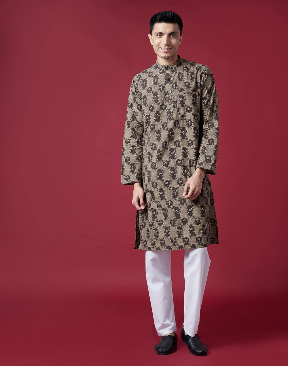 Fabindia Cotton Slub Block Printed Long Kurta Brown