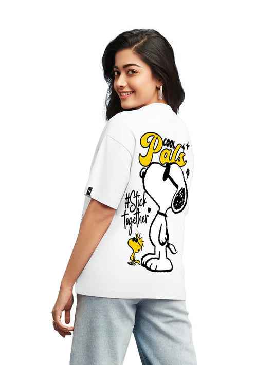 Bewakoof Official Peanuts Merchandise Womens Graphic Printed Oversized Fit Half Sleeve Round Neck Cotton T-Shirt_ 594428_White_