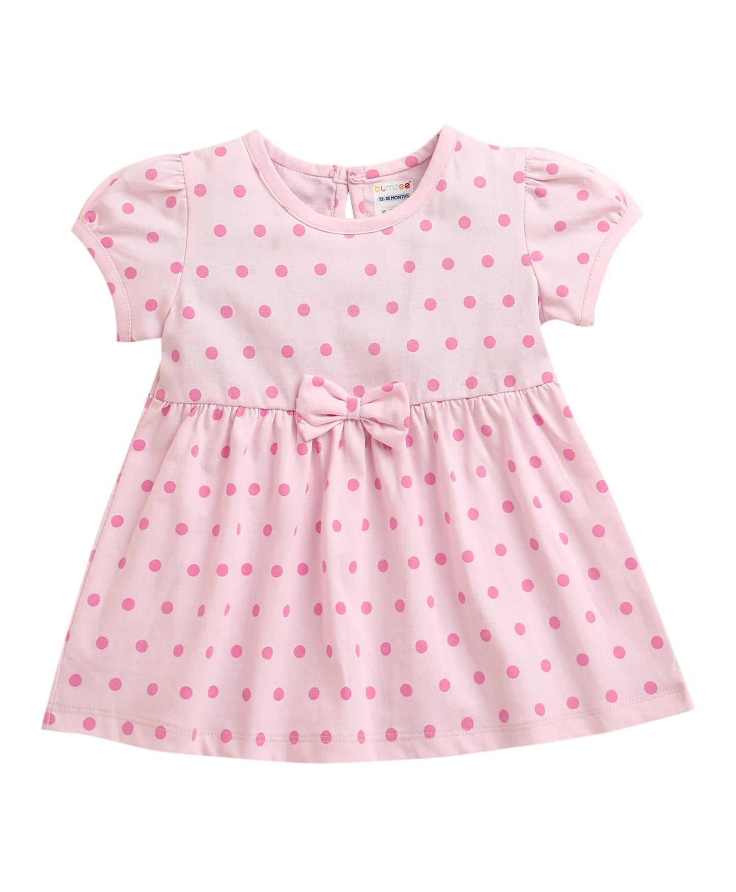 BUMZEE Girls Cotton Cap Sleeves Polka Print Above Knee Length Frock/Dress Pink - 6-12 Months (Peb11489C-pnk)
