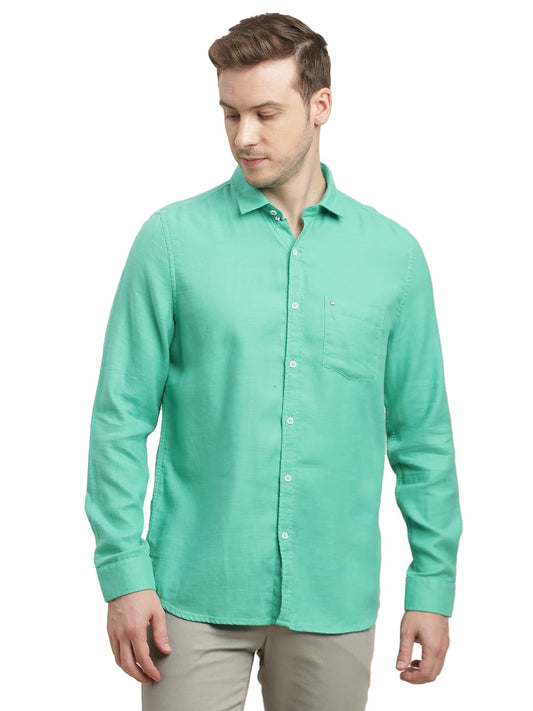 Turtle Men 100% Cotton Slim Fit Turquoise Solid Full Sleeve Casual Shirt