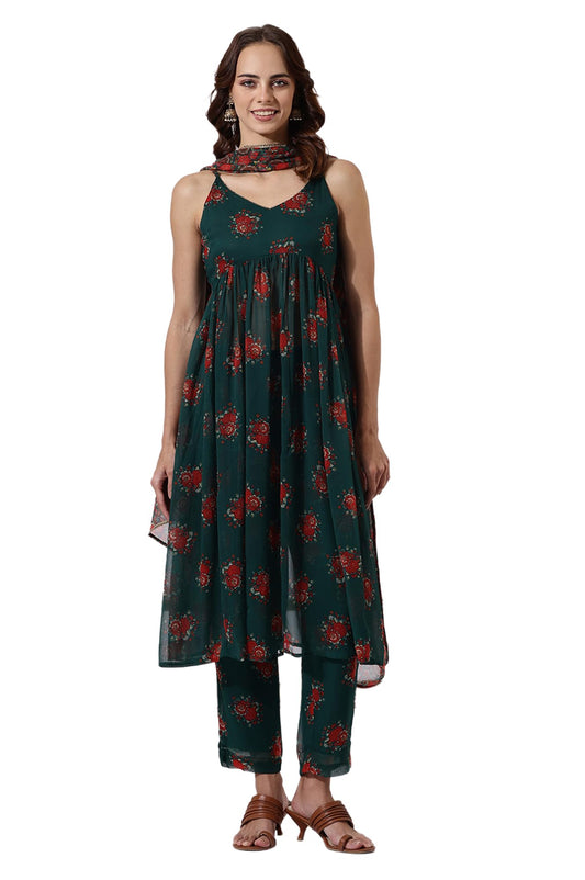 W Green Floral Printed A-line Kurta, Straight Pant & Dupatta for Women
