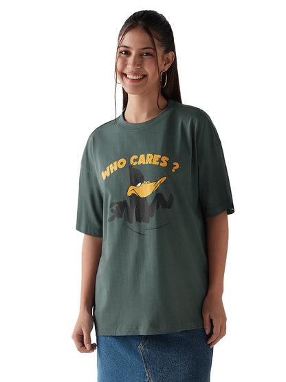 Bewakoof Official Looney Tunes Merchandise Daffy Duck Womens Graphic Print Oversized Fit Half Sleeve Round Neck Cotton Jersey T