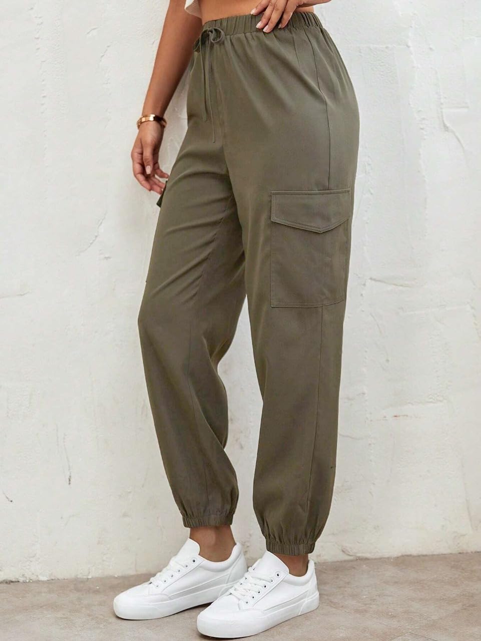 TAGAS Womens Solid Flap Pocket Side Drawstring Waist Cargo Pants || Cargo for Women Khaki