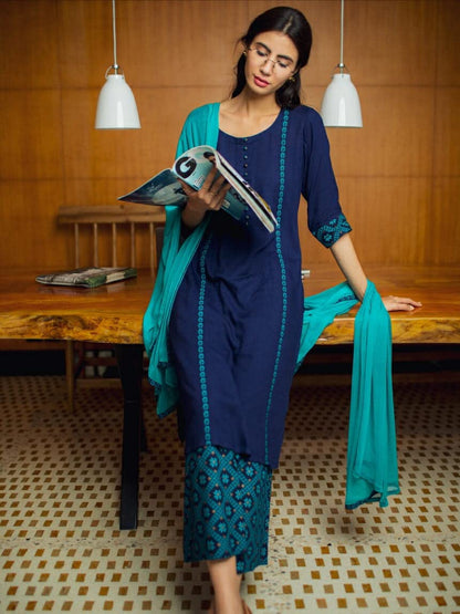 ANNI DESIGNER Women's Cotton Blend Printed Straight Kurta, Palazzo & Dupatta (Homing New)