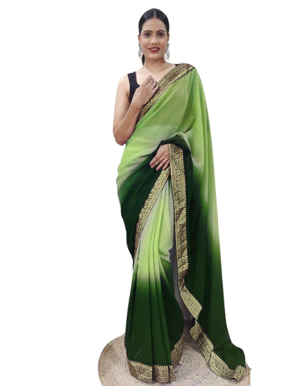 Shiv Textiles Womens Gorgette Less Border Zip And Go Pre-Stitched Saree  Effortless Wear & Comfort : Ready To Wear Saree(Sb-St-R