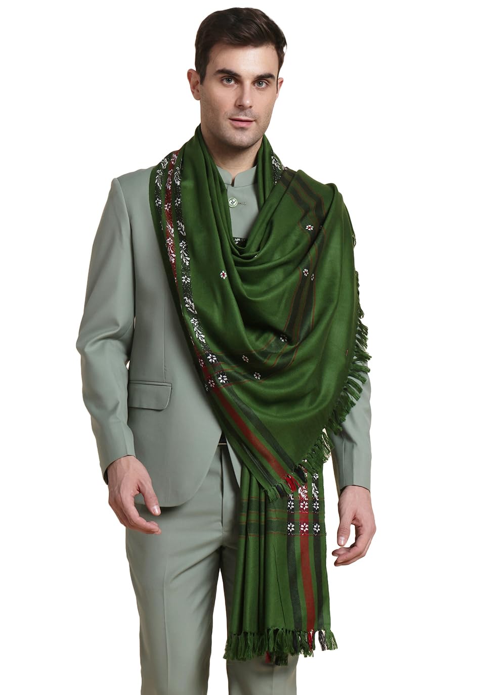 Weavers Villa Mens Acro Wool Blended Shawl - Handloom Border Pattern - Stoles for Men - Gents Shawls - Soft & Warm Wrap - Ideal