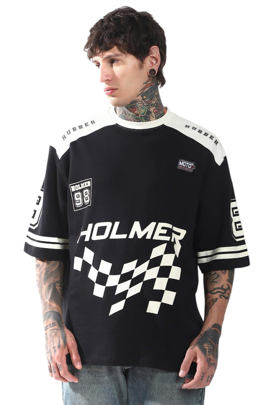 Hubberholme Men Cotton Terry Printed Oversized Round Neck Half Sleeves Tshirts 11 Black