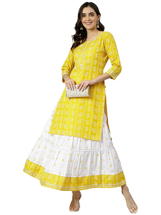 GoSriKi Women's Cotton Blend Straight Printed Kurta with Skirt (Mausam_New-GO)