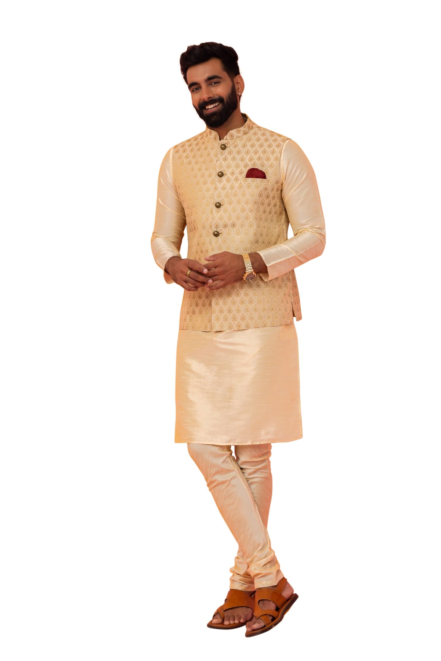 Kisah Men Red Layered Kurta Churidar With Nehru Jacket, Full Sleaves, Knee Length, Straight, Regular Fit, Mandarin Collar Ethnic