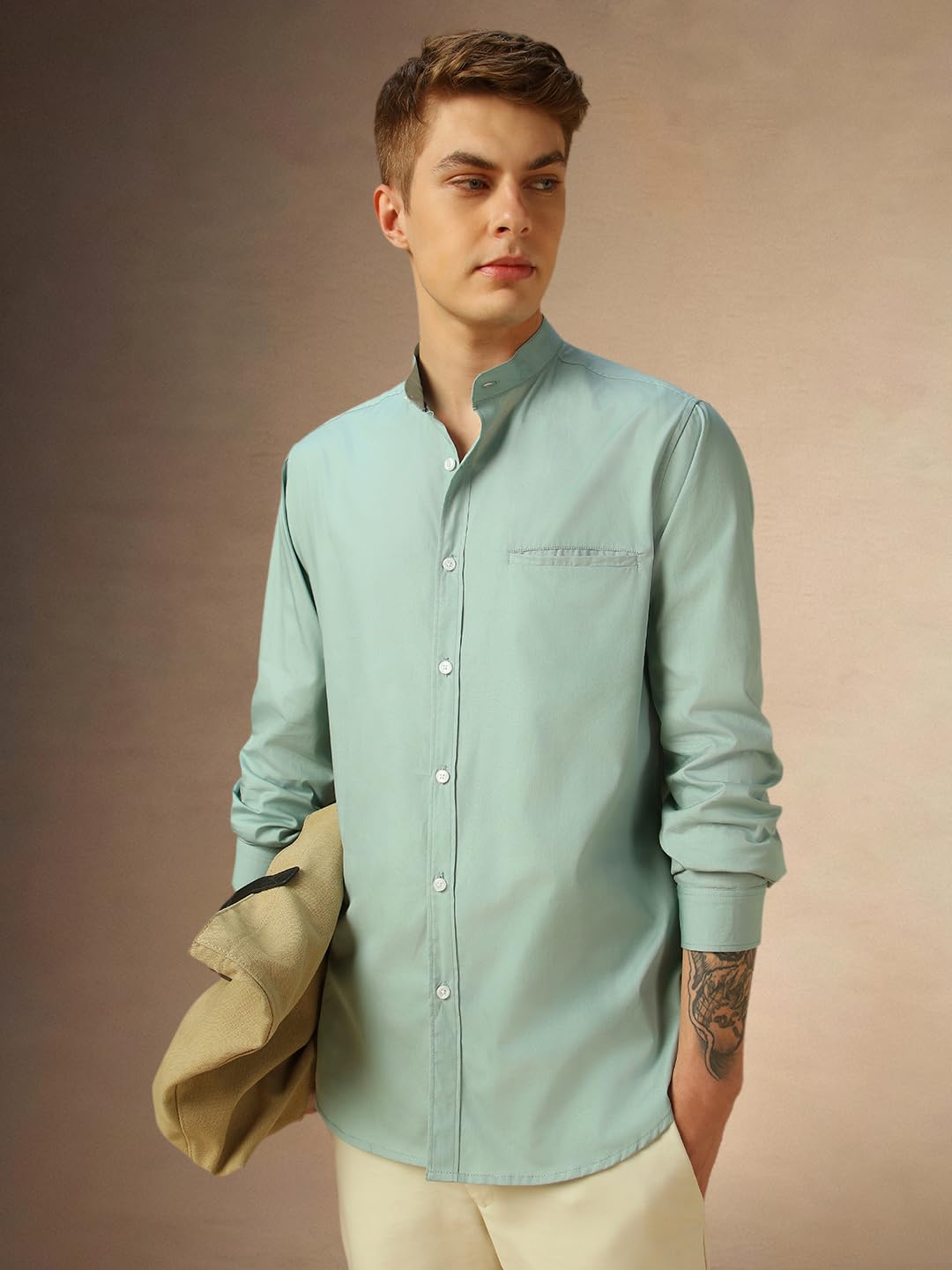 Dennis Lingo MenS Sage Green Full Sleeve Mandarin Collar Solid Regular Fit Casual Shirt