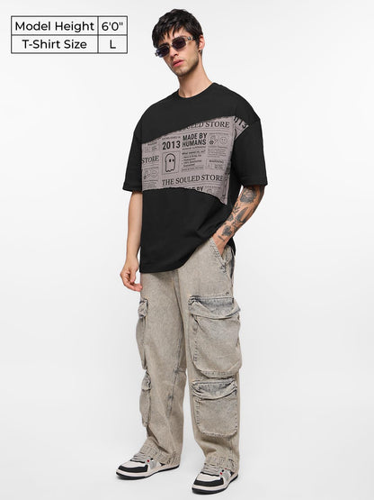 The Souled Store in The News Men and Boys Short Sleeves Round Neck Black Cotton Super Oversized T-Shirts