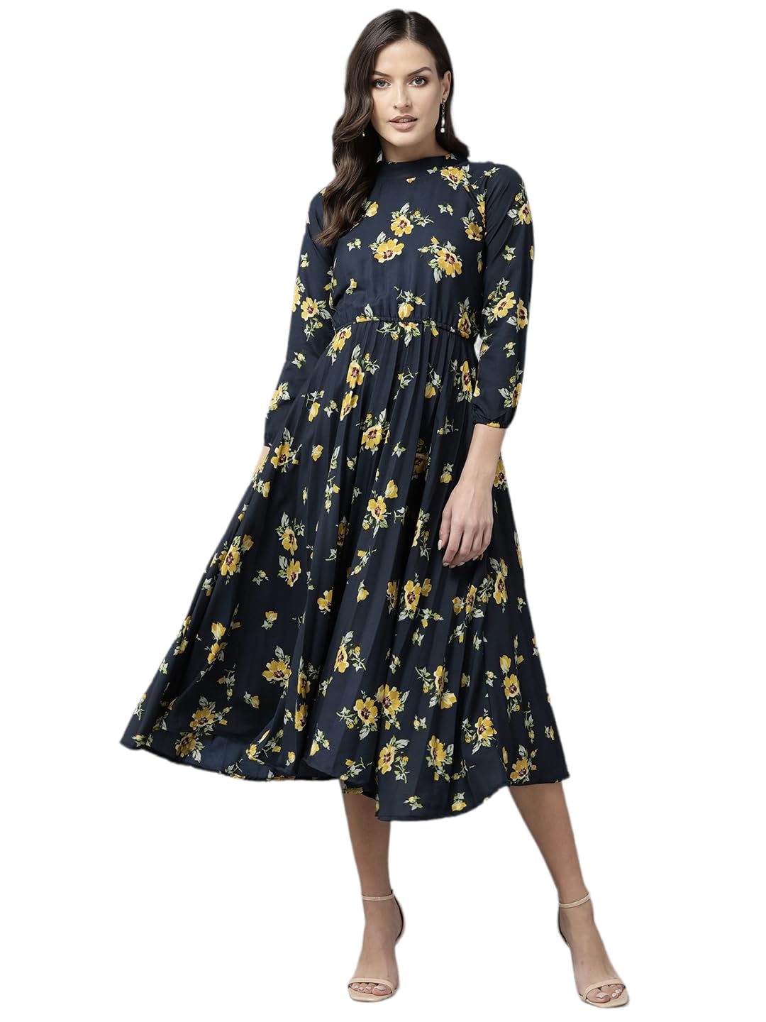 Aarika Womens Navy Blue Colour Polycrepe Floral Print Middi (MD-W-079-NAVY-BLUE-L)