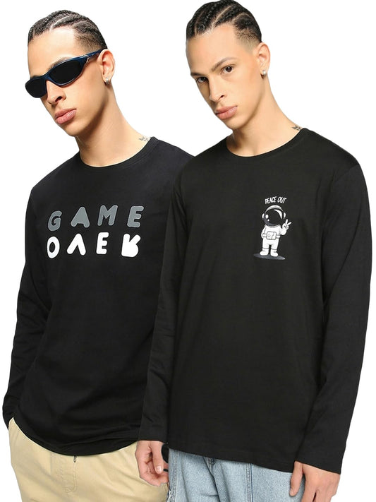 Bewakoof Mens Black Graphic Printed 100% Cotton T-Shirts (Pack of 2) - Regular Fit, Round Neck, Full Sleeve_595627_Black_M