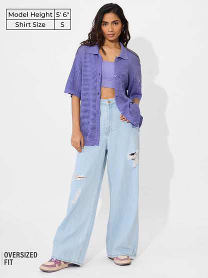 The Souled Store Lavender Women and Girls Long Sleeve Collared Neck Button Down Boyfriend Shirts Womens Boyfriend Shirts Casual