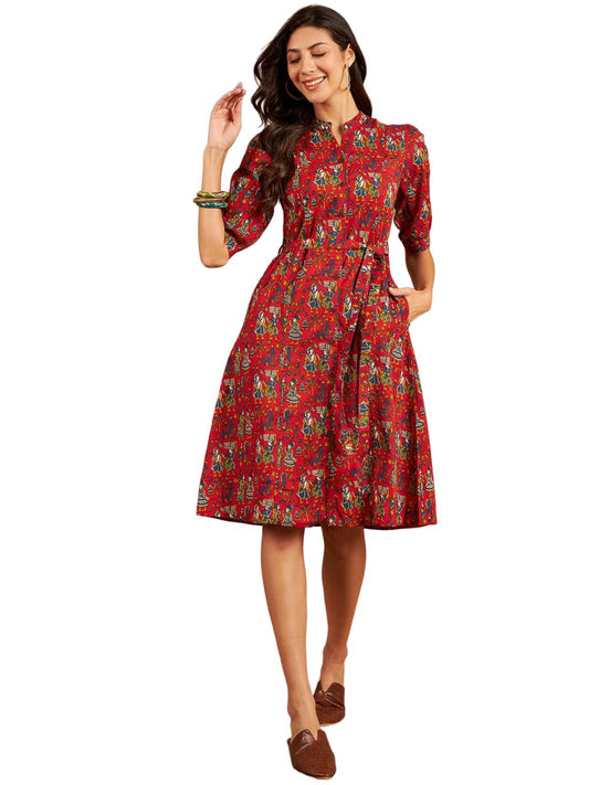 Modeve Women Red Ethnic Motifs Print Dress_X-Large