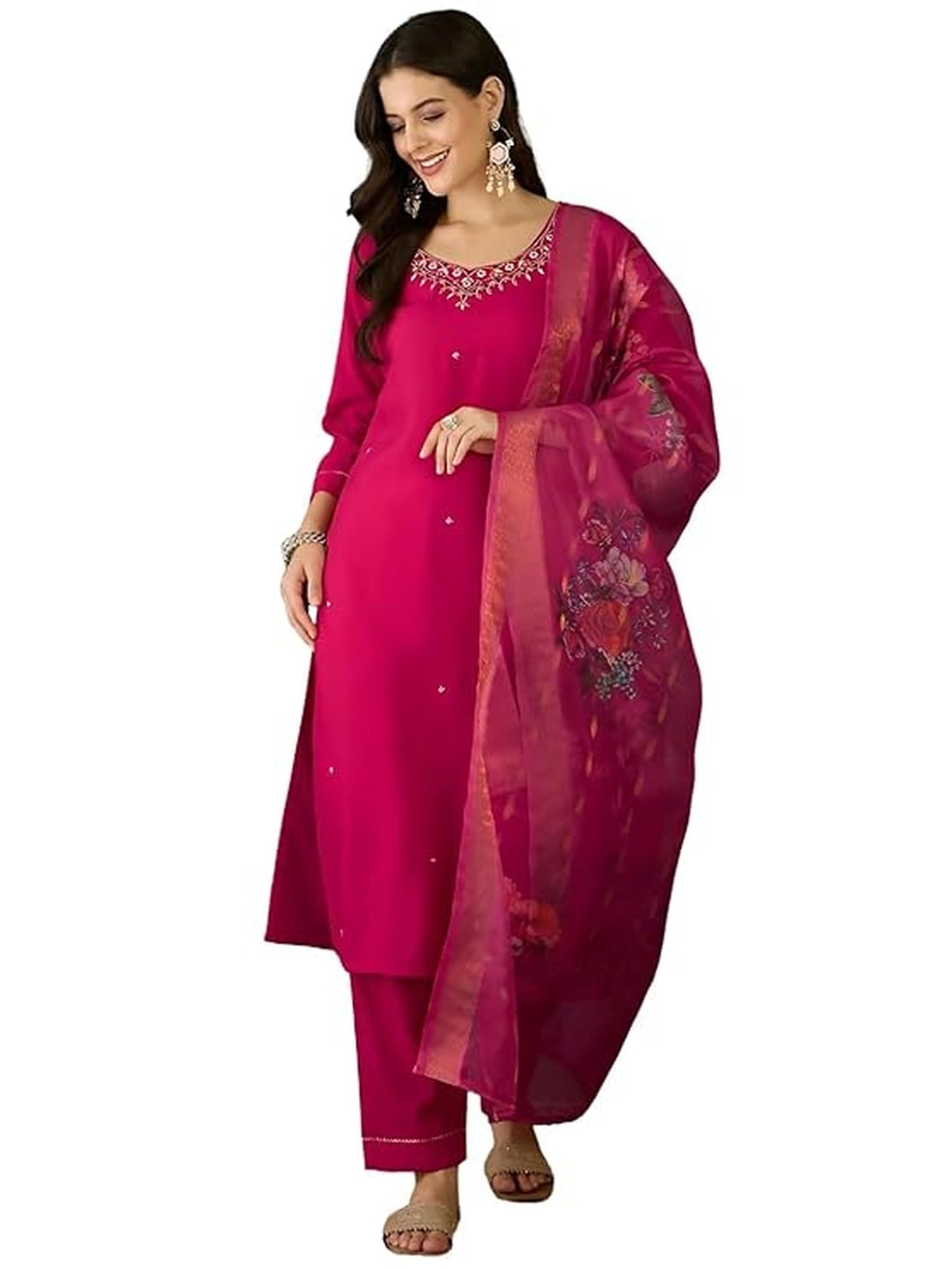 Naixa WomenS Red Rayon Slub Embroidered Straight Kurta With Rayon Slub Pant And Jacquard Jacquard With Digital Print Dupatta Se