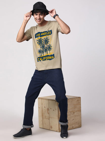 ADRO LA Surfers California Printed T-Shirt for Men - 100% Cotton, Regular Fit, Soft Breathable Fabric. (RN23-M-SRF-BE_Beige)