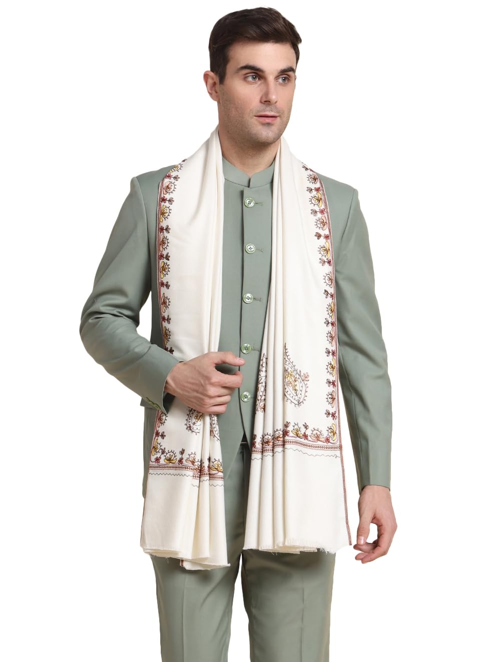 Weavers Villa Mens Acro Wool Blend Hand Embroidery Threadwork Shawl - Handloom Paisley - Stoles for Men - Gents Shawls - Soft &
