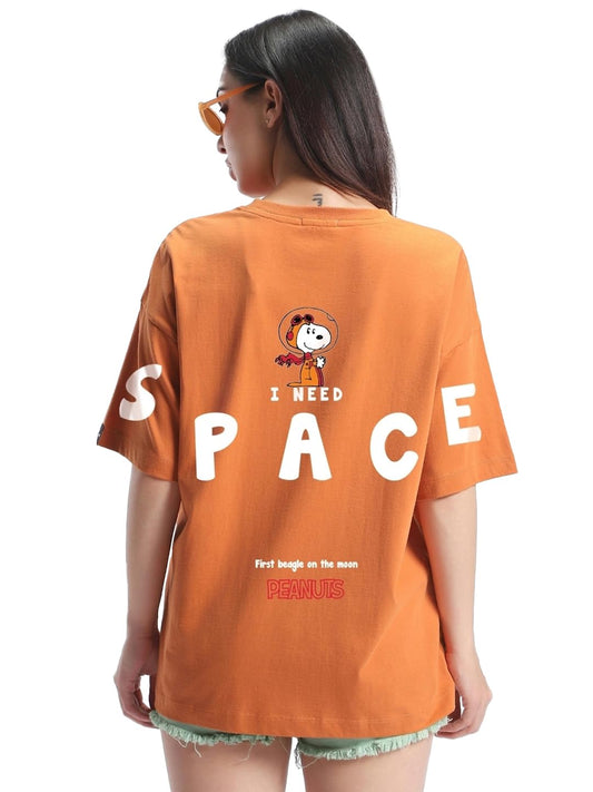 Bewakoof Official Peanuts Merchandise Womens Graphic Print Oversized Fit Half Sleeve Round Neck Cotton T-Shirt_630653_Orange_2X