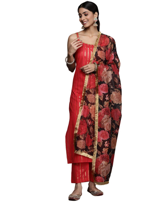 Varanga Red Strap Style Kurta with Straight Pant and Digital Printed Dupatta