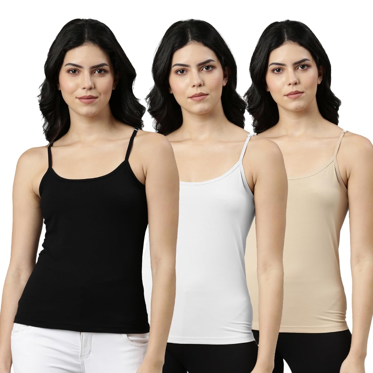 Rupa Jon Solid Regular Fit Jon Premium Camisole for Women, Stretable Cotton Fabric with Adjustable Straps. Pack of 3 (JN PRM CAM