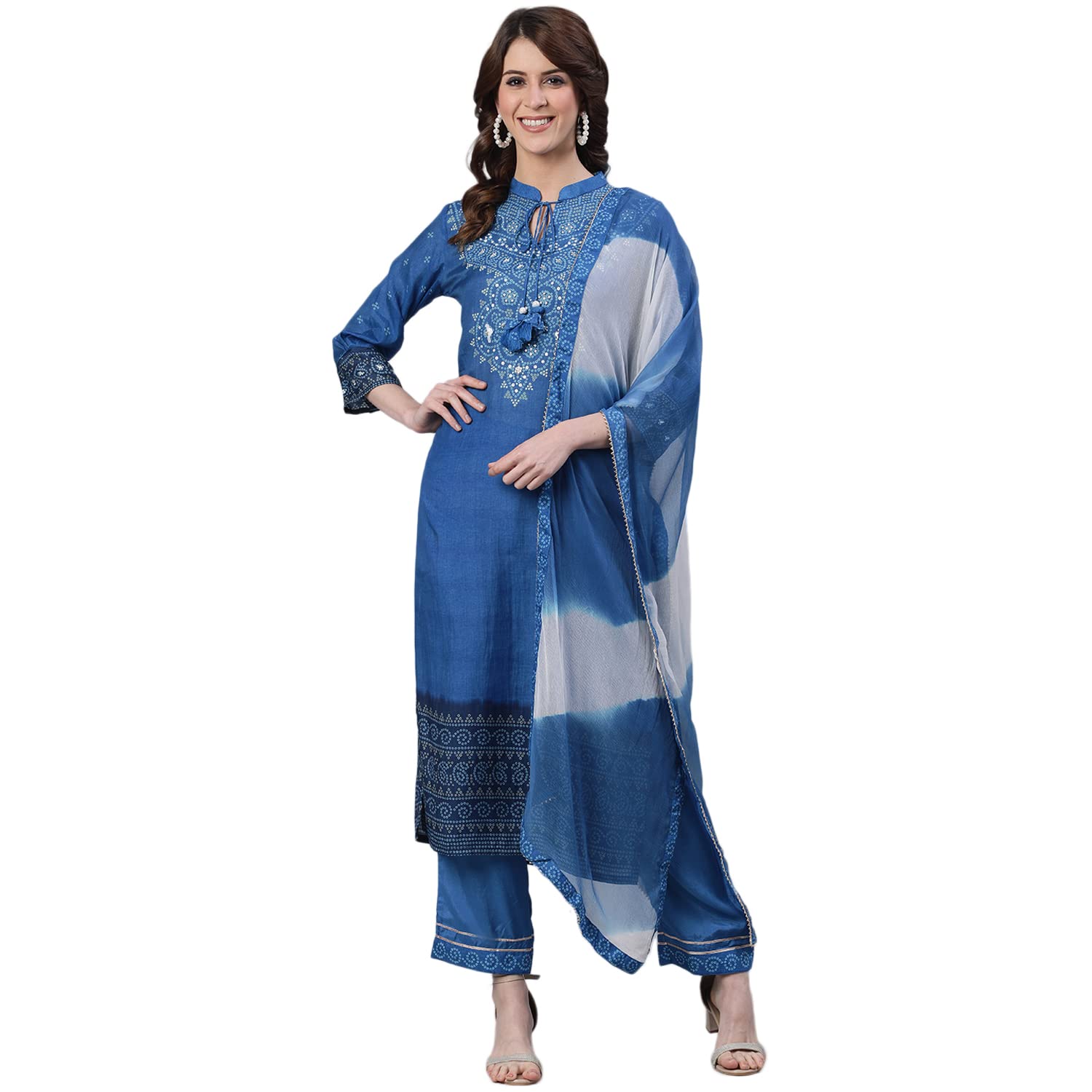 ishin Women's Silk Blend Blue Embroidered & Beads and Stones Work A-Line Kurta Suit Set with Dupatta & Pant