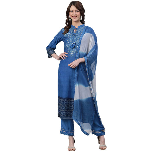 ishin Women's Silk Blend Blue Embroidered & Beads and Stones Work A-Line Kurta Suit Set with Dupatta & Pant