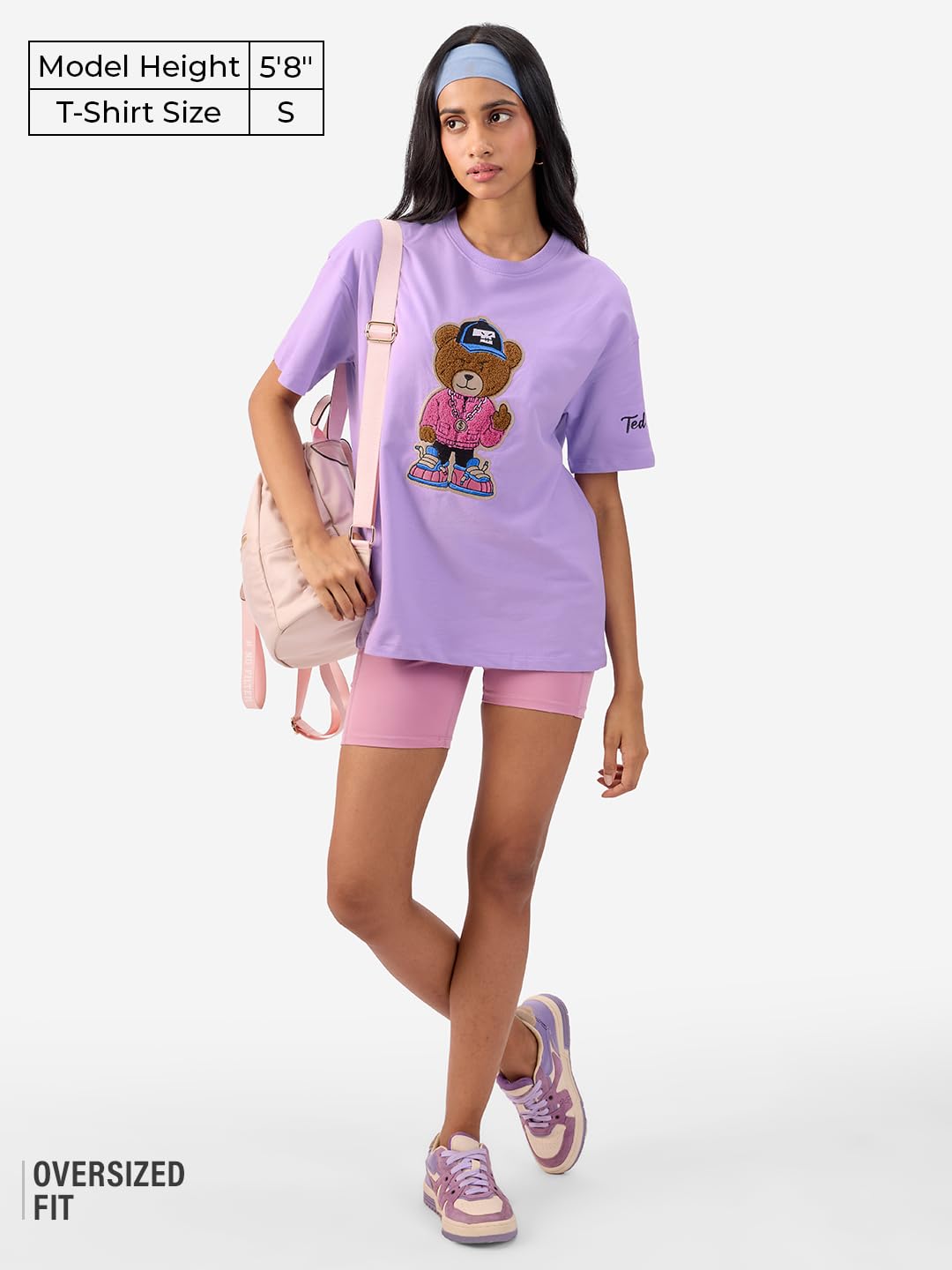 The Souled Store Ted The Stoner: Towelling Women and Girls Short Sleeves Round Neck Purple Embroidered Cotton Oversized T-Shirts