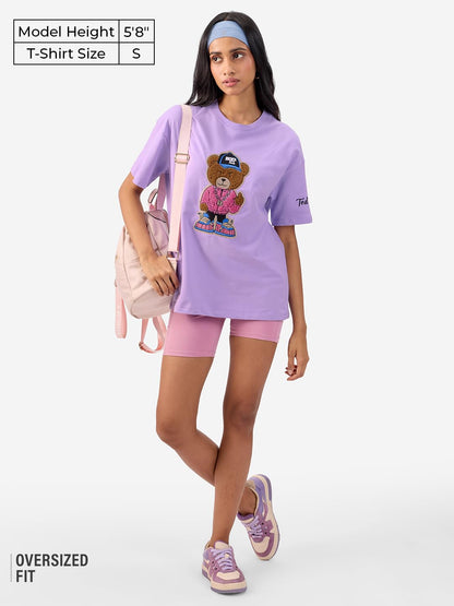 The Souled Store Ted The Stoner: Towelling Women and Girls Short Sleeves Round Neck Purple Embroidered Cotton Oversized T-Shirts
