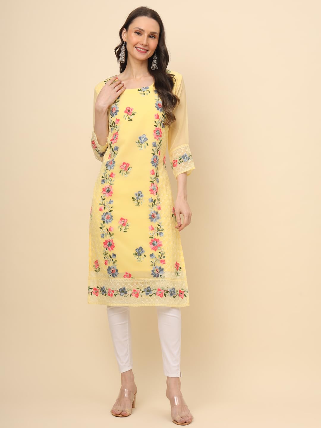 Ekasya WomenS Georgette Straight Cut Round Neck Kurta With Beautiful Embroidery Work (E1628)For An Elegant And Sophisticated Lo