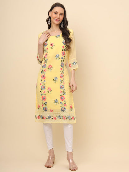 Ekasya WomenS Georgette Straight Cut Round Neck Kurta With Beautiful Embroidery Work (E1628)For An Elegant And Sophisticated Lo