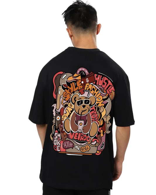 Veirdo Mens Oversized Cotton Graphic Teddy Back Print Crew Neck Short Sleeve T-Shirt
