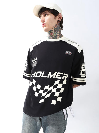 Hubberholme Men Cotton Terry Printed Oversized Round Neck Half Sleeves Tshirts 11 Black